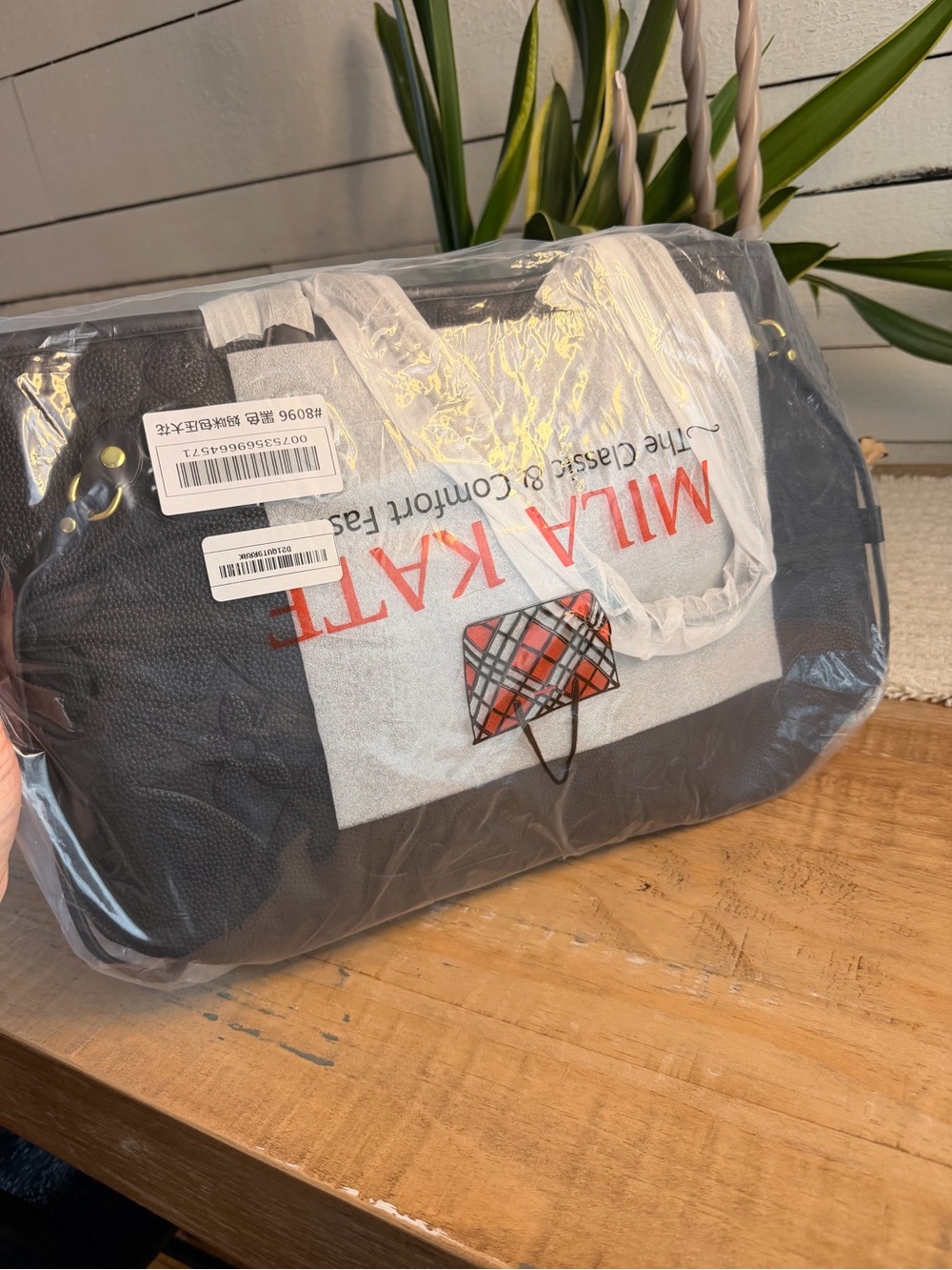 Black Pebbled Tote with Red Plaid Umbrella Graphic